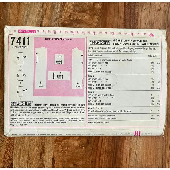 Vintage 1960s Simplicity 7411 Sewing Pattern 1 Size Apron Beach CoverUp COMPLETE - Picture 2 of 2